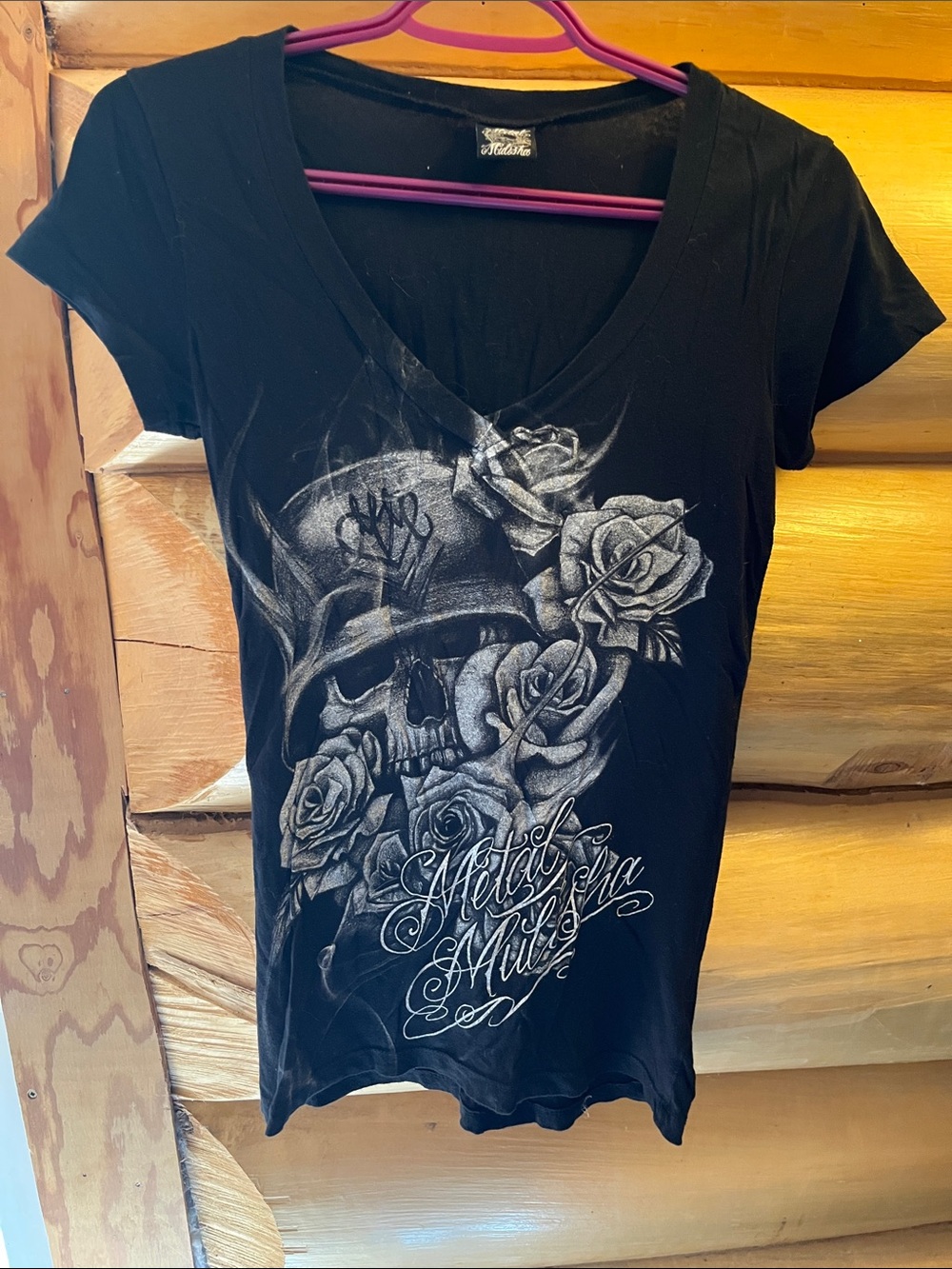 Metal Mulisha Black V-Neck Skull & Rose Graphic Tee